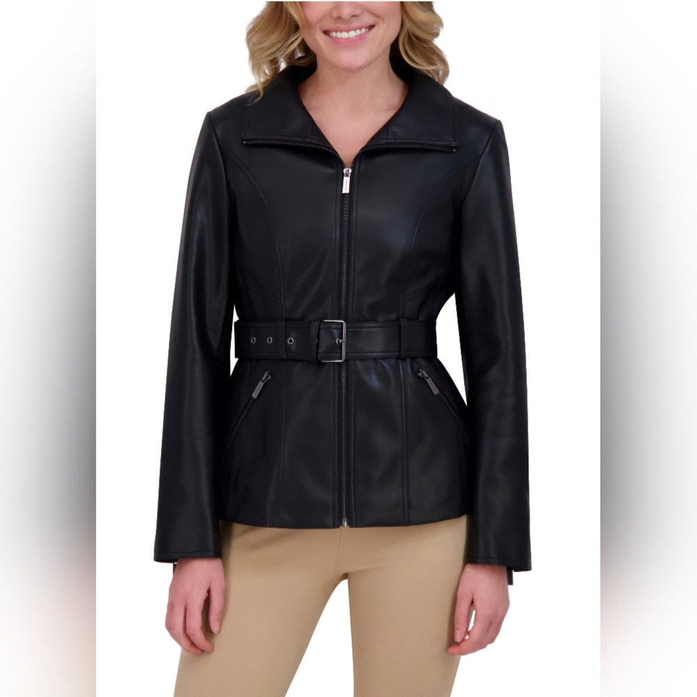 NWOT Kenneth Cole Black Faux Leather Jacket with Belt Size M